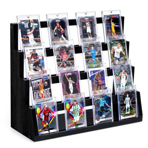 Emfogo Card Display Stand, 4-Tier Trading Card Display with Solid Base, Wooden Graded Sports Card Display, Trading Card Display Stand for Card Collection & Show