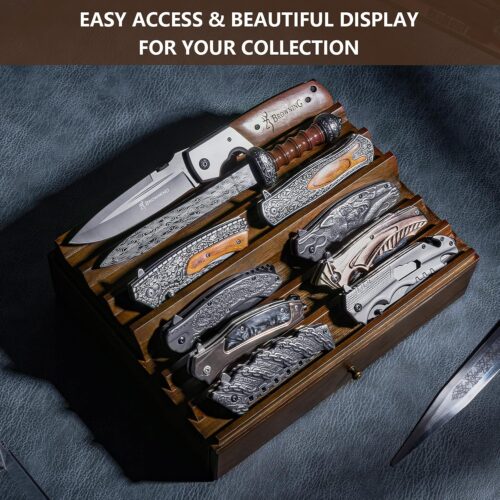 Emfogo Wooden Knife Display Case with Clear Lid – Pocket Knife Display for Collections, 2-Tier Storage & EDC Organizer