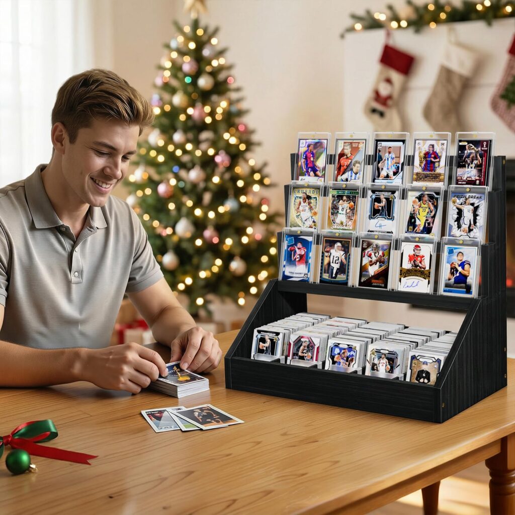 Emfogo Trading Card Display, 3-Tier Card Display Stand with 5-Row Storage, Wooden Graded Card Display, Large Capacity Sports Cards Display Case for Cards Game Collection - Black