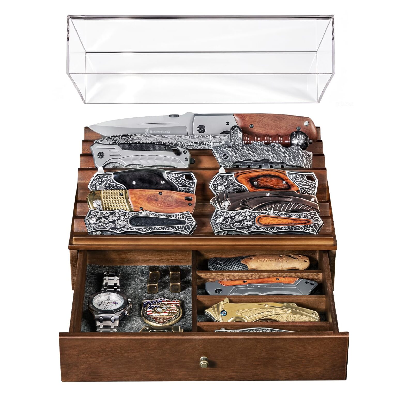 Emfogo Wooden Knife Display Case with Clear Lid – Pocket Knife Display for Collections, 2-Tier Storage & EDC Organizer