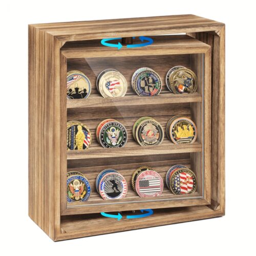 Emfogo Double-Sided Rotating Challenge Coin Display, Wooden Military Coin Holder Holds 33 Coins for Desktop, 6-Row Display Stand for Honoring Veterans & Collectors