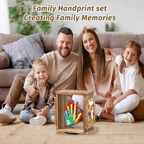 Emfogo 360 Rotating Family Handprint Kit, DIY Craft Keepsake Wooden Frame, Baby Footprint Kit, 5 Paint Colors Included, Non-Toxic Paints&Transparent Sheets, Gifts for Handprint Family Keepsake - Brown