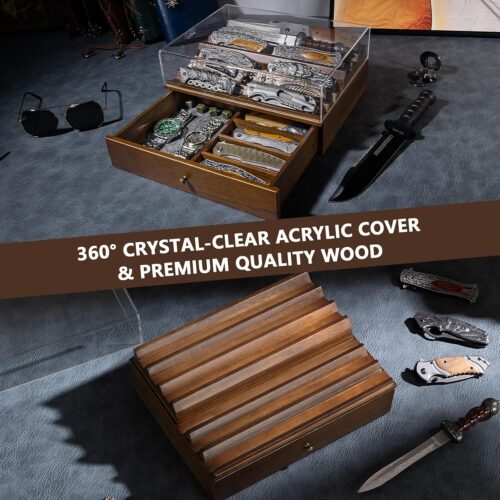 Emfogo Wooden Knife Display Case with Clear Lid – Pocket Knife Display for Collections, 2-Tier Storage & EDC Organizer