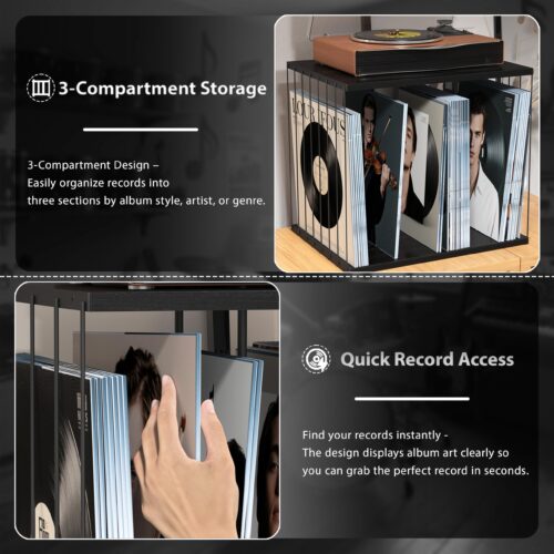 Emfogo Vinyl Record Storage, Metal & Wooden Vinyl Record Holder Up to 80 Album, 3-Compartment Record Player Stand for Magazine, Book, Files, Albums