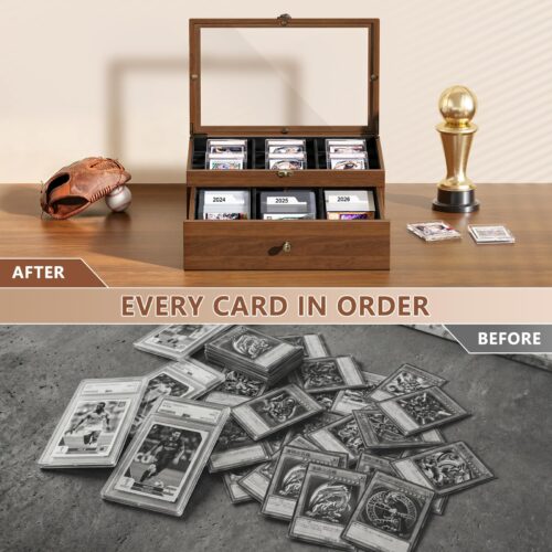 Emfogo Trading Card Storage Box, Wooden Graded Sports Card Display Case