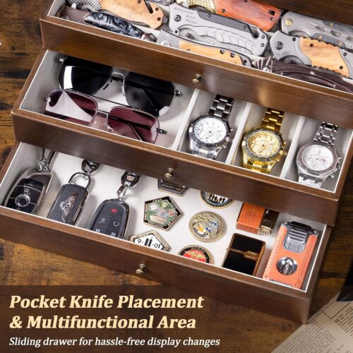 Emfogo 5-Tier Large Knife Display Case & Organizer, Wooden Pocket Knife Storage Box with Transparent Lid, Collector-Grade Holder for Folding Knives and Daggers, Ideal Men‘s Gift