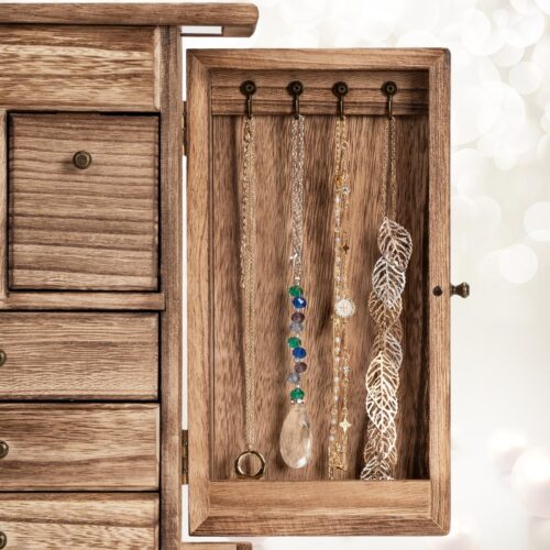 Yoimori Jewelry Box for Women, Rustic Wooden Jewelry Organizer Box with Mirror, 6 Layer Jewelry Boxes for Necklaces Earrings Bracelets Rings - Carbonized Black