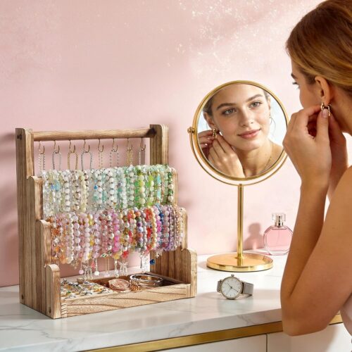Emfogo Jewelry Organizer Stand, 4 Tier Wood Bracelet Holder With Necklace Holder, Rustic Large Capacity Jewelry Holder Display for Bracelets Bangles Necklaces Rings Watches