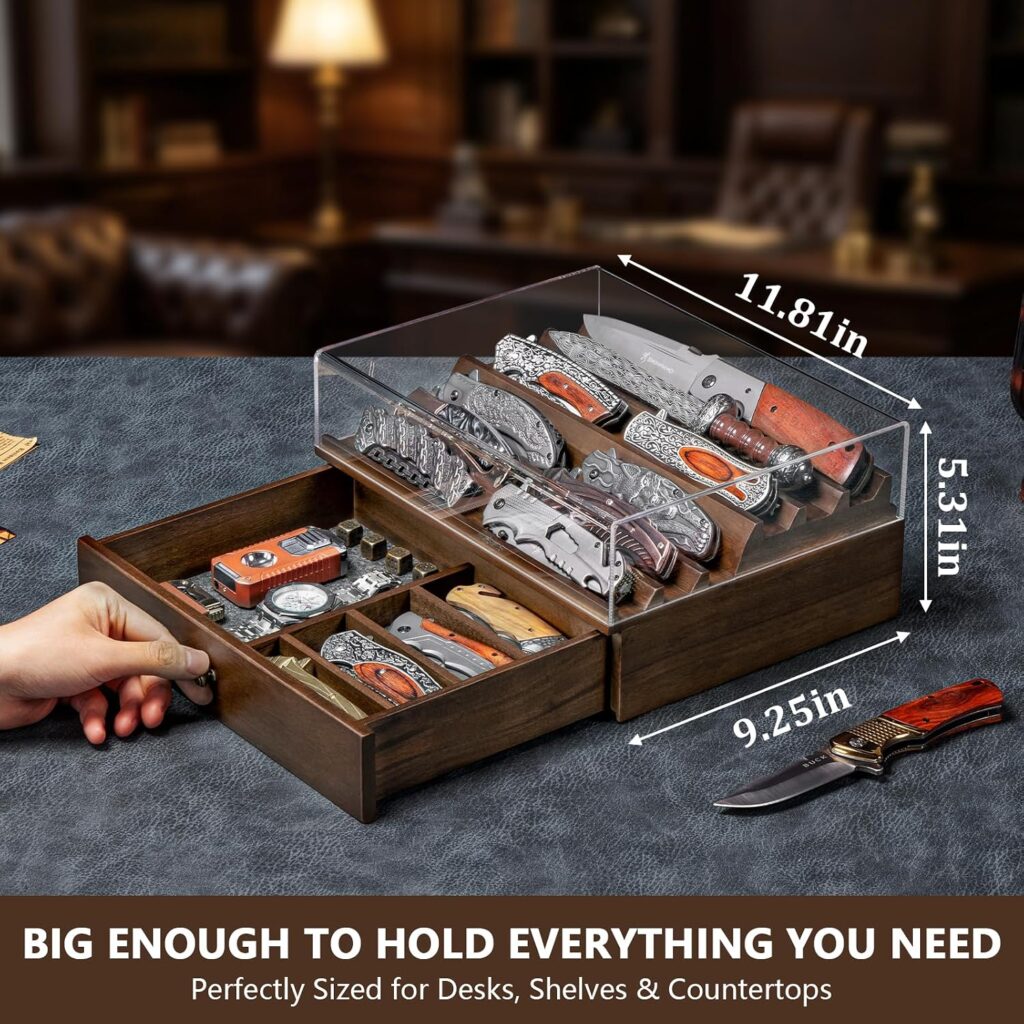 Emfogo Wooden Knife Display Case with Clear Lid – Pocket Knife Display for Collections, 2-Tier Storage & EDC Organizer