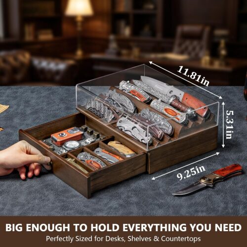 Emfogo Wooden Knife Display Case with Clear Lid – Pocket Knife Display for Collections, 2-Tier Storage & EDC Organizer