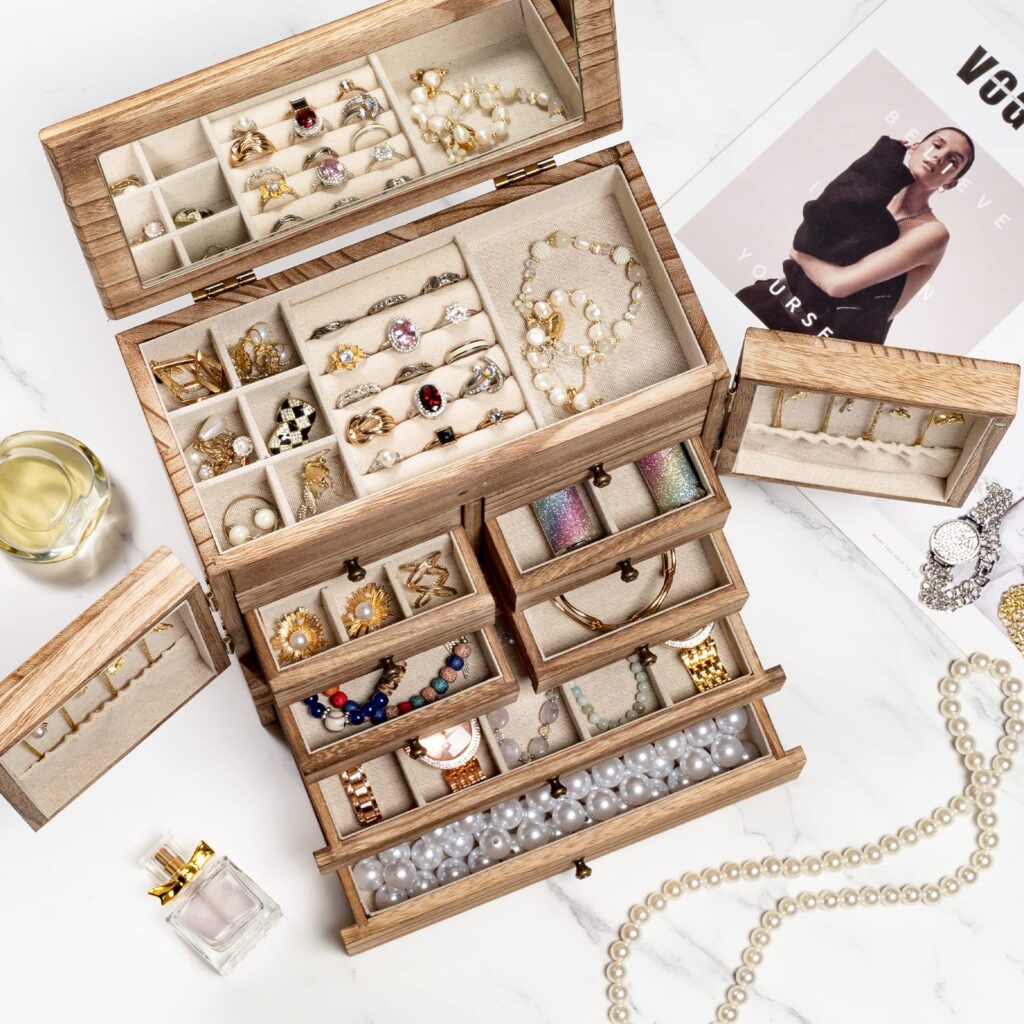 Emfogo Jewelry Box for Women Wooden Jewelry Boxes & Organizers 5-Layer Rustic Large Jewelry Organizer Box with Mirror & 8 Drawers for Rings Earrings Necklaces Bracelets Women Girls