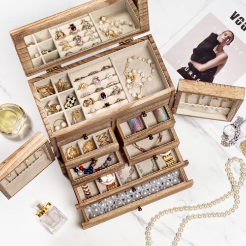 Emfogo Jewelry Box for Women Wooden Jewelry Boxes & Organizers 5-Layer Rustic Large Jewelry Organizer Box with Mirror & 8 Drawers for Rings Earrings Necklaces Bracelets Women Girls