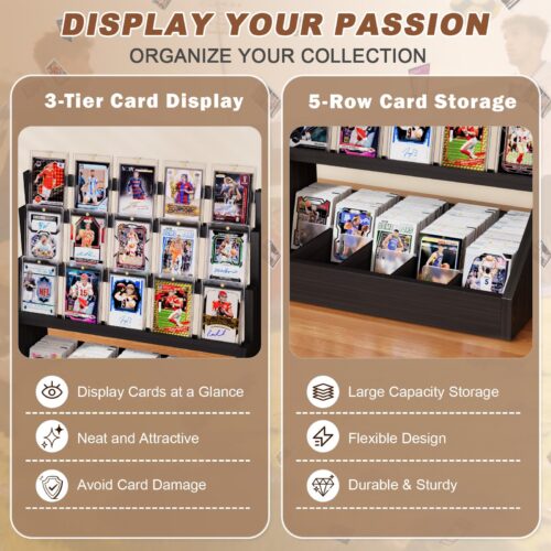 Emfogo Trading Card Display, 3-Tier Card Display Stand with 5-Row Storage, Wooden Graded Card Display, Large Capacity Sports Cards Display Case for Cards Game Collection - Black