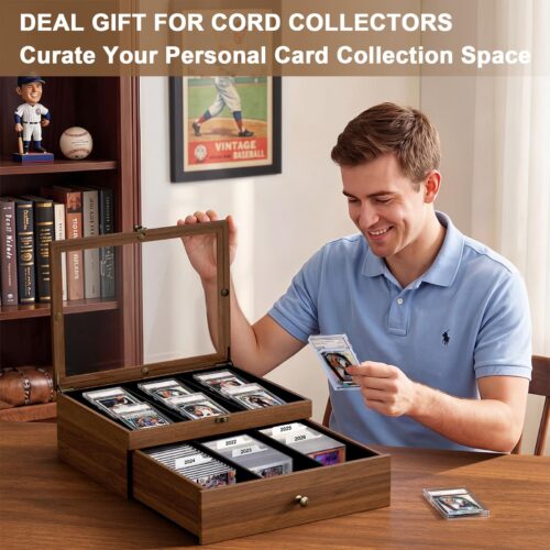 Emfogo Trading Card Storage Box, Wooden Graded Sports Card Display Case