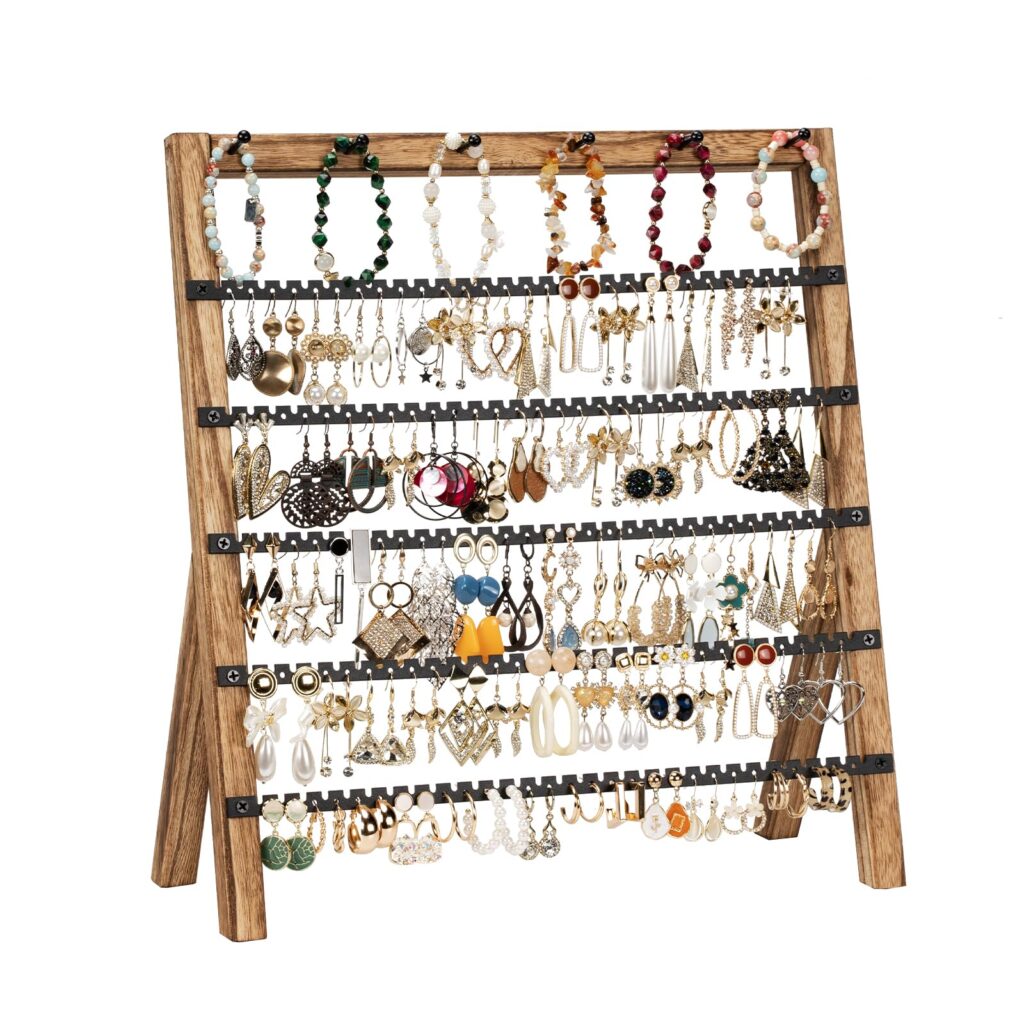 Emfogo Earring Holder Organizer, 6 Tier Earring Display Stand with 285 Holes & 6 Bracelet Rods, Rustic Wood Jewelry Organizer for Earring Bracelet Necklace Ring, Gifts for Women