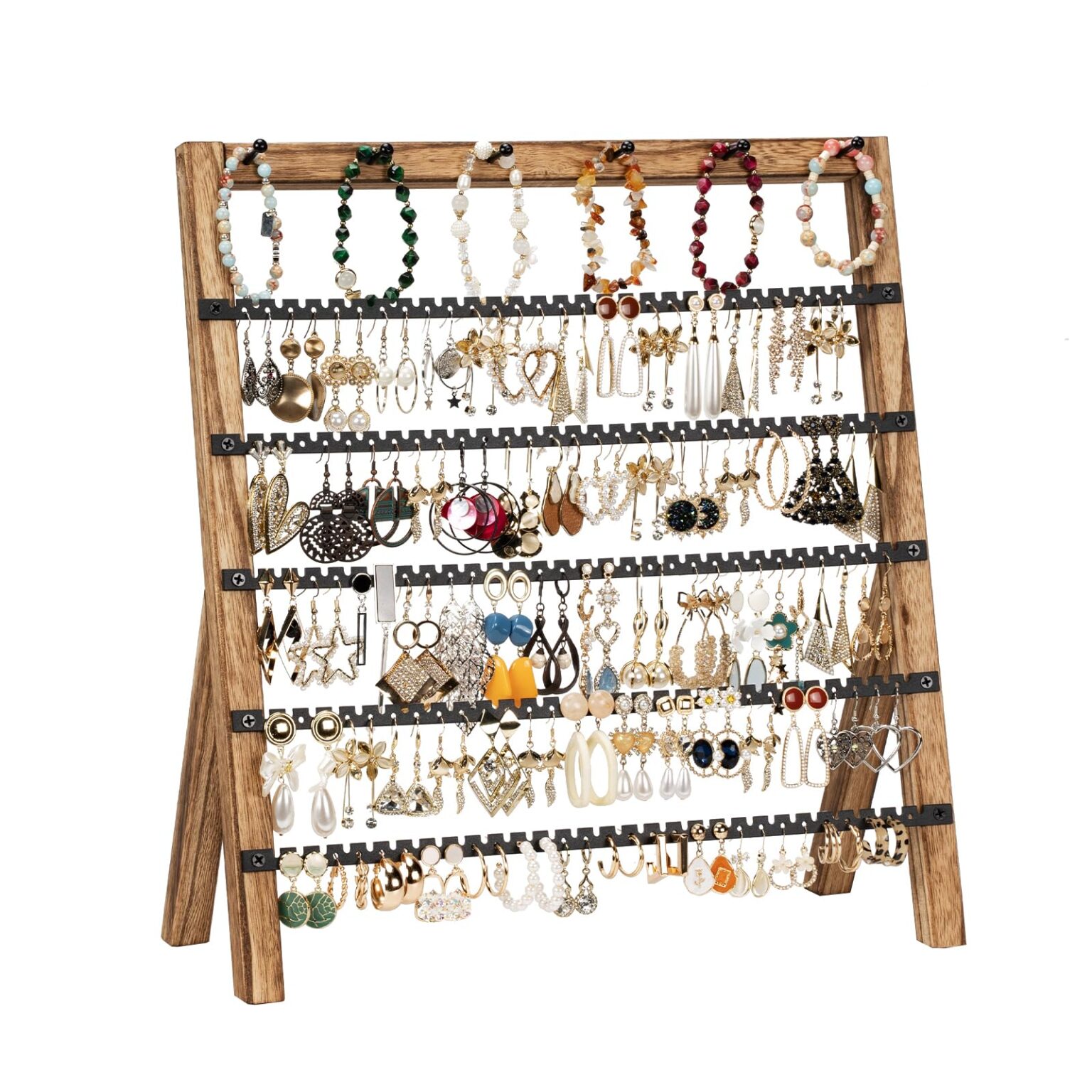 Emfogo Earring Holder Organizer, 6 Tier Earring Display Stand with 285 Holes & 6 Bracelet Rods, Rustic Wood Jewelry Organizer for Earring Bracelet Necklace Ring, Gifts for Women