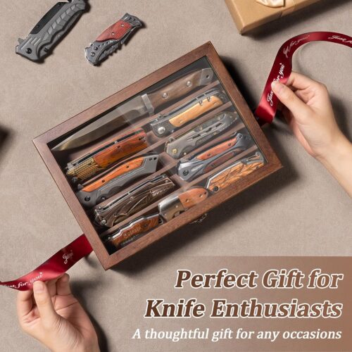 Emfogo Wooden Knife Display Case, Pocket Knife Organizer for Men's Collection & EDC Gear