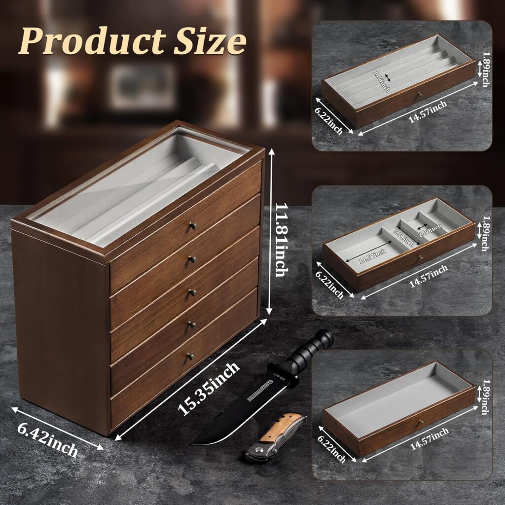 Emfogo 5-Tier Large Knife Display Case & Organizer, Wooden Pocket Knife Storage Box with Transparent Lid, Collector-Grade Holder for Folding Knives and Daggers, Ideal Men‘s Gift