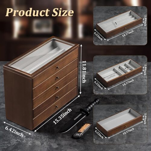 Emfogo 5-Tier Large Knife Display Case & Organizer, Wooden Pocket Knife Storage Box with Transparent Lid, Collector-Grade Holder for Folding Knives and Daggers, Ideal Men‘s Gift