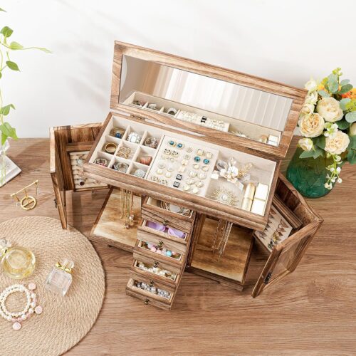 Emfogo Jewelry Box for Women Girls, Rustic Wooden Jewelry Organizer Box with Mirror, 5 Layer Jewelry Storage Case Display for Necklaces Earrings Rings Bracelets Valentine's Day