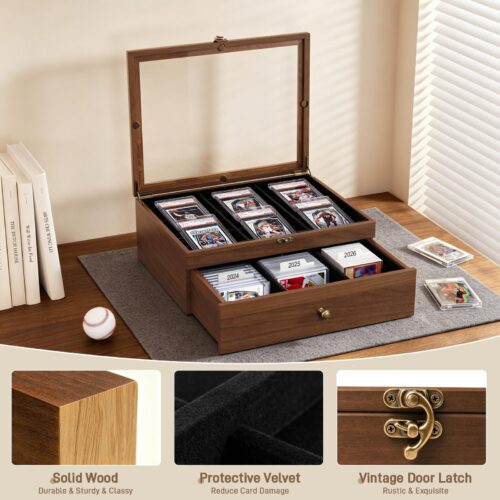 Emfogo Trading Card Storage Box, Wooden Graded Sports Card Display Case