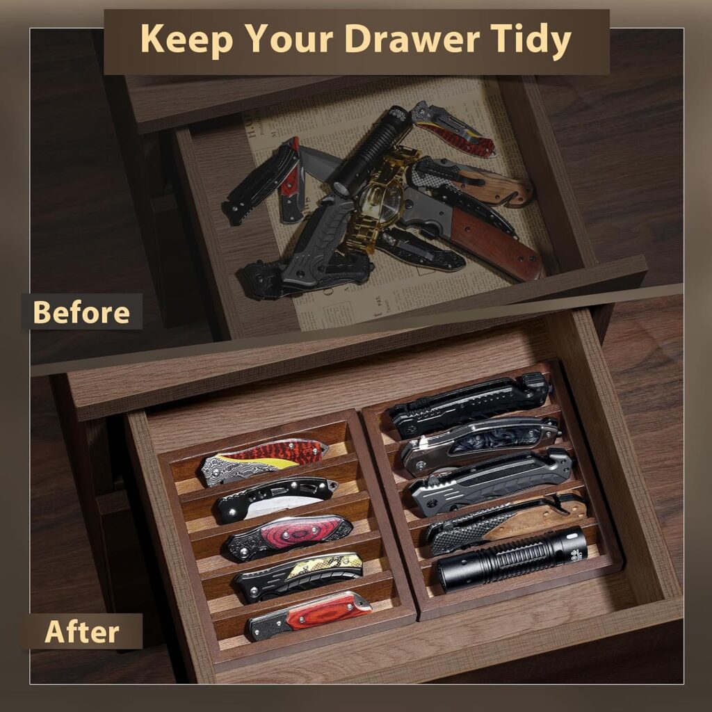 Emfogo Knife Display Case Knife Holder for Pocket Knife Case Storage, Edc Tray Fits Edc Flashlight