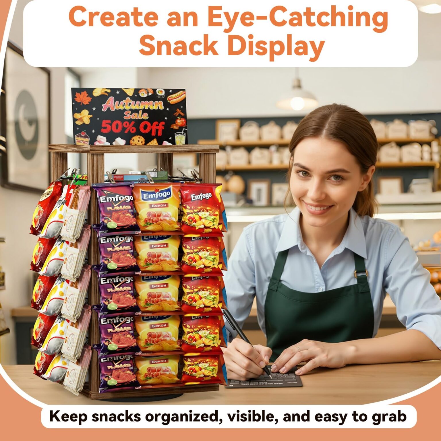 Emfogo Chip Rack Display Stand, 5-Tier Snack Rack with 50 Movable Clips