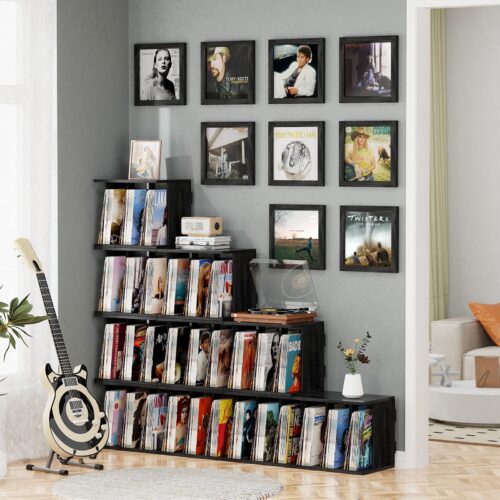 Emfogo Vinyl Record Storage, Record Player Stand Wall Mount Up to 80-100 Albums, 3-Compartment Vinyl Record Holder, Black