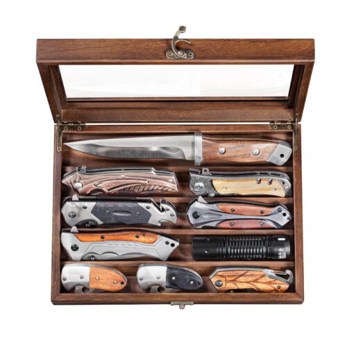 Emfogo Wooden Knife Display Case, Pocket Knife Organizer for Men's Collection & EDC Gear