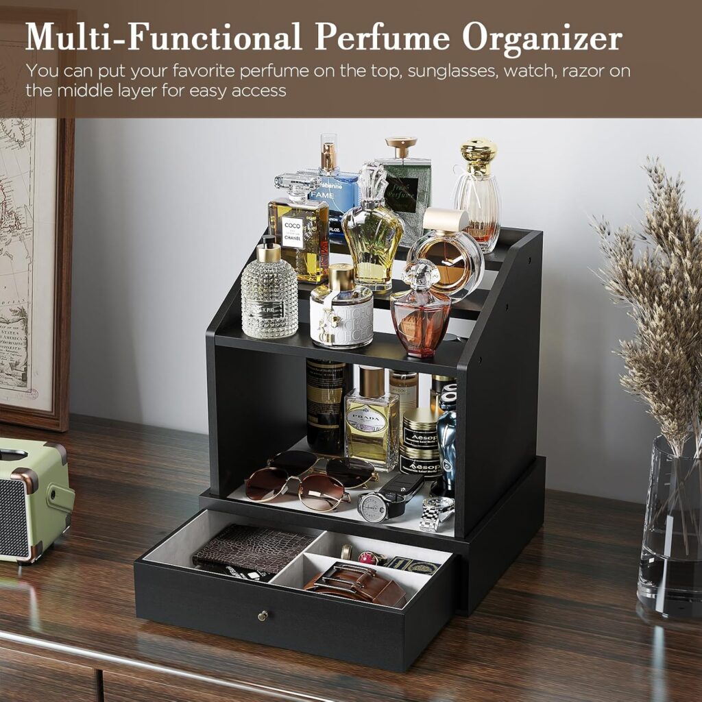 Emfogo Cologne Organizer for Men, Large-Capacit Perfume Organizer for Men with 2-in-1 Design, 3-tier Cologne Stand, Wood Perfume Holders, Cologne Storage Display with Spacious
