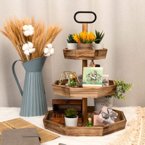 Emfogo Tiered Tray, Wood 3 Tier Farmhouse Decorative Tray for Cakes Cupcakes Desserts Fruits, Serving Tray Stand for Party Wedding Home Decor