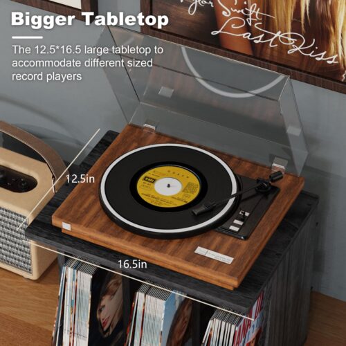 Emfogo Vinyl Record Storage, Record Player Stand Wall Mount Up to 80-100 Albums, 3-Compartment Vinyl Record Holder, Black