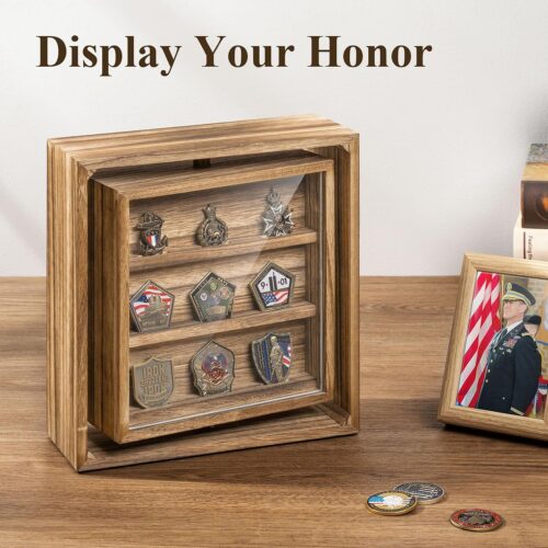 Emfogo Double-Sided Rotating Challenge Coin Display, Wooden Military Coin Holder Holds 33 Coins for Desktop, 6-Row Display Stand for Honoring Veterans & Collectors