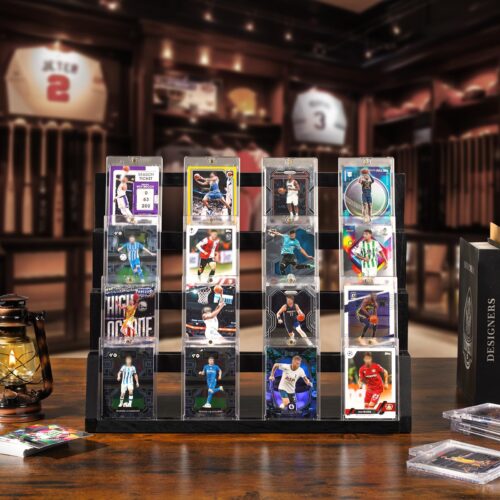 Emfogo Card Display Stand, 4-Tier Trading Card Display with Solid Base, Wooden Graded Sports Card Display, Trading Card Display Stand for Card Collection & Show