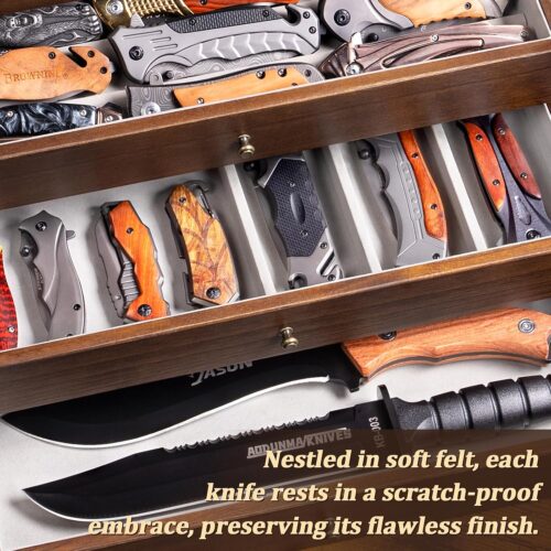 Emfogo 5-Tier Large Knife Display Case & Organizer, Wooden Pocket Knife Storage Box with Transparent Lid, Collector-Grade Holder for Folding Knives and Daggers, Ideal Men‘s Gift