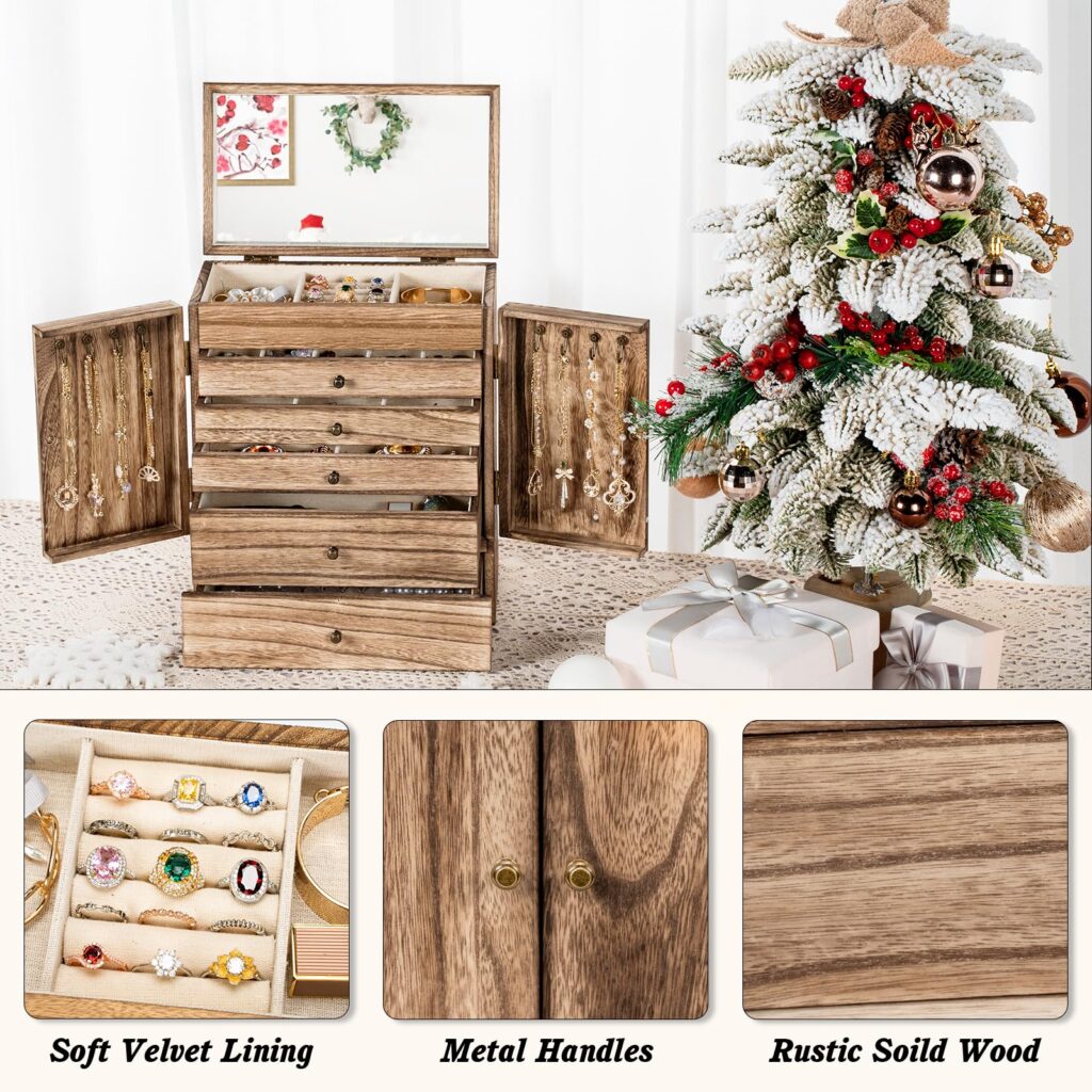 Emfogo Wooden Jewelry Box for Women, 6-Tier Large Jewelry Organizer Boxes with Mirror Rustic Solid Wood jewlery Storage Display for Rings Earrings Necklaces Bracelets watches