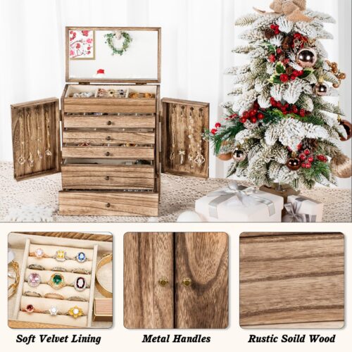 Emfogo Wooden Jewelry Box for Women, 6-Tier Large Jewelry Organizer Boxes with Mirror Rustic Solid Wood jewlery Storage Display for Rings Earrings Necklaces Bracelets watches