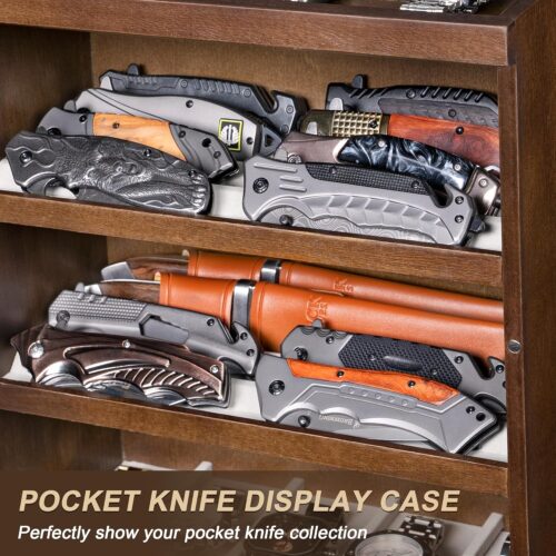 Emfogo Pocket Knife Display Case for 25 Knives, Large Wooden knife Cases for Collections, Vertical Knife Storage Case with Acrylic transparent panel for Men Gifts