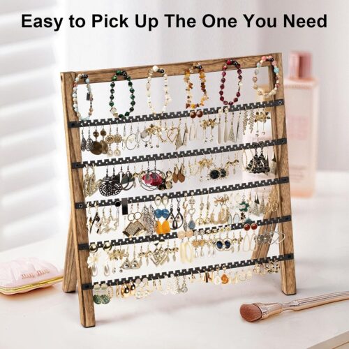 Emfogo Earring Holder Organizer, 6 Tier Earring Display Stand with 285 Holes & 6 Bracelet Rods, Rustic Wood Jewelry Organizer for Earring Bracelet Necklace Ring, Gifts for Women