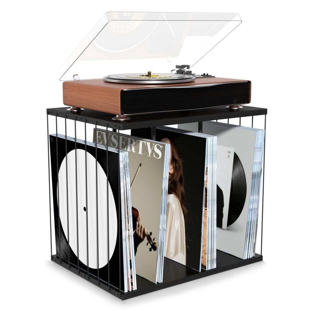Emfogo Vinyl Record Storage, Metal & Wooden Vinyl Record Holder Up to 80 Album, 3-Compartment Record Player Stand for Magazine, Book, Files, Albums