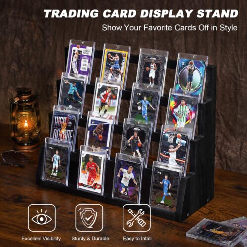 Emfogo Card Display Stand, 4-Tier Trading Card Display with Solid Base, Wooden Graded Sports Card Display, Trading Card Display Stand for Card Collection & Show