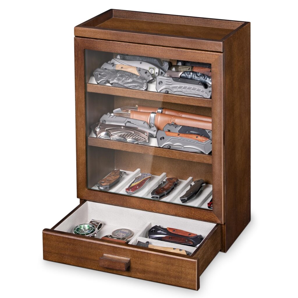 Emfogo Pocket Knife Display Case for 25 Knives, Large Wooden knife Cases for Collections, Vertical Knife Storage Case with Acrylic transparent panel for Men Gifts