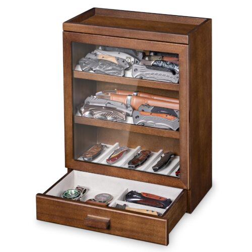 Emfogo Pocket Knife Display Case for 25 Knives, Large Wooden knife Cases for Collections, Vertical Knife Storage Case with Acrylic transparent panel for Men Gifts