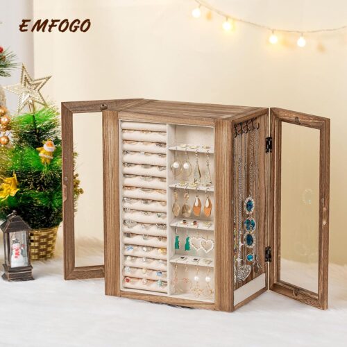 Emfogo 360° Rotating Jewelry Box for Women, Rustic Wooden Jewelry Organizer Box with 5 Drawers, Glass Doors, Vertical Open Design Jewelry Storage Case Display for Earrings Rings