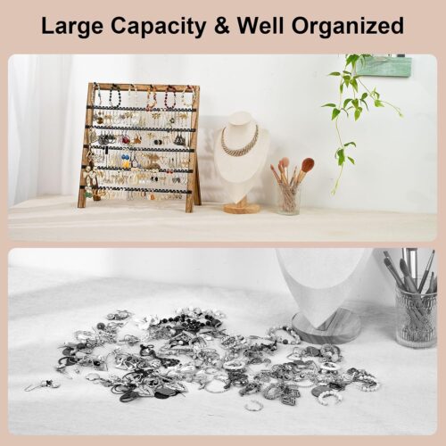 Emfogo Earring Holder Organizer, 6 Tier Earring Display Stand with 285 Holes & 6 Bracelet Rods, Rustic Wood Jewelry Organizer for Earring Bracelet Necklace Ring, Gifts for Women