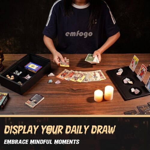Emfogo Wooden Tarot Card Holder - Slide-Top Lid with 2 Card Slots Holds 8 Cards & Displays Crystals, Multi-Compartment Organizer for Jewelry, Trinket, Keepsake, Witchcraft Supplies
