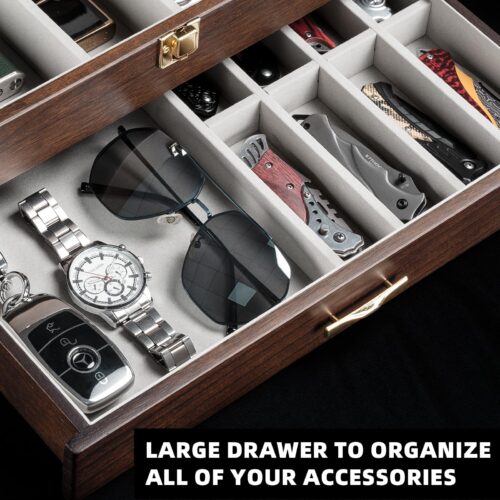 Emfogo Pocket Knife Display Case for Collection of 18-24 Folding Knives, Pocket Case with Real Glass Window Top, Two-Tier Knife Organizer Storage Box, Men's Gift