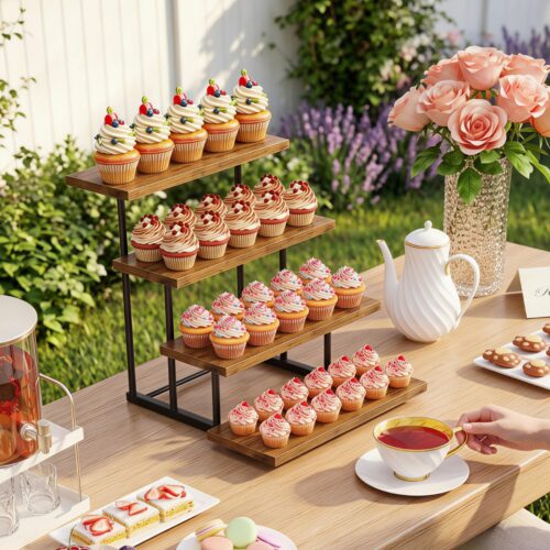 Emfogo Wooden Cupcake Display Stand, 4 Tier Rectangular Tiered Dessert Stands, Cupcake Display Risers for Vendor Booth Dessert Table Party Wood Serving Tray for Cup Cake Cookie Foo