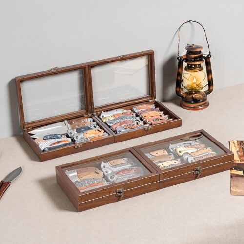 Emfogo Wooden Knife Display Case, Pocket Knife Organizer for Men's Collection & EDC Gear