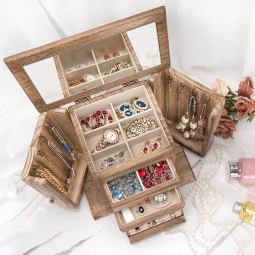 Emfogo Jewelry Box for Women, Rustic Wooden Jewelry Boxes & Organizers with Mirror, 4 Layer Jewelry Organizer Box Display for Rings Earrings Necklaces Bracelets